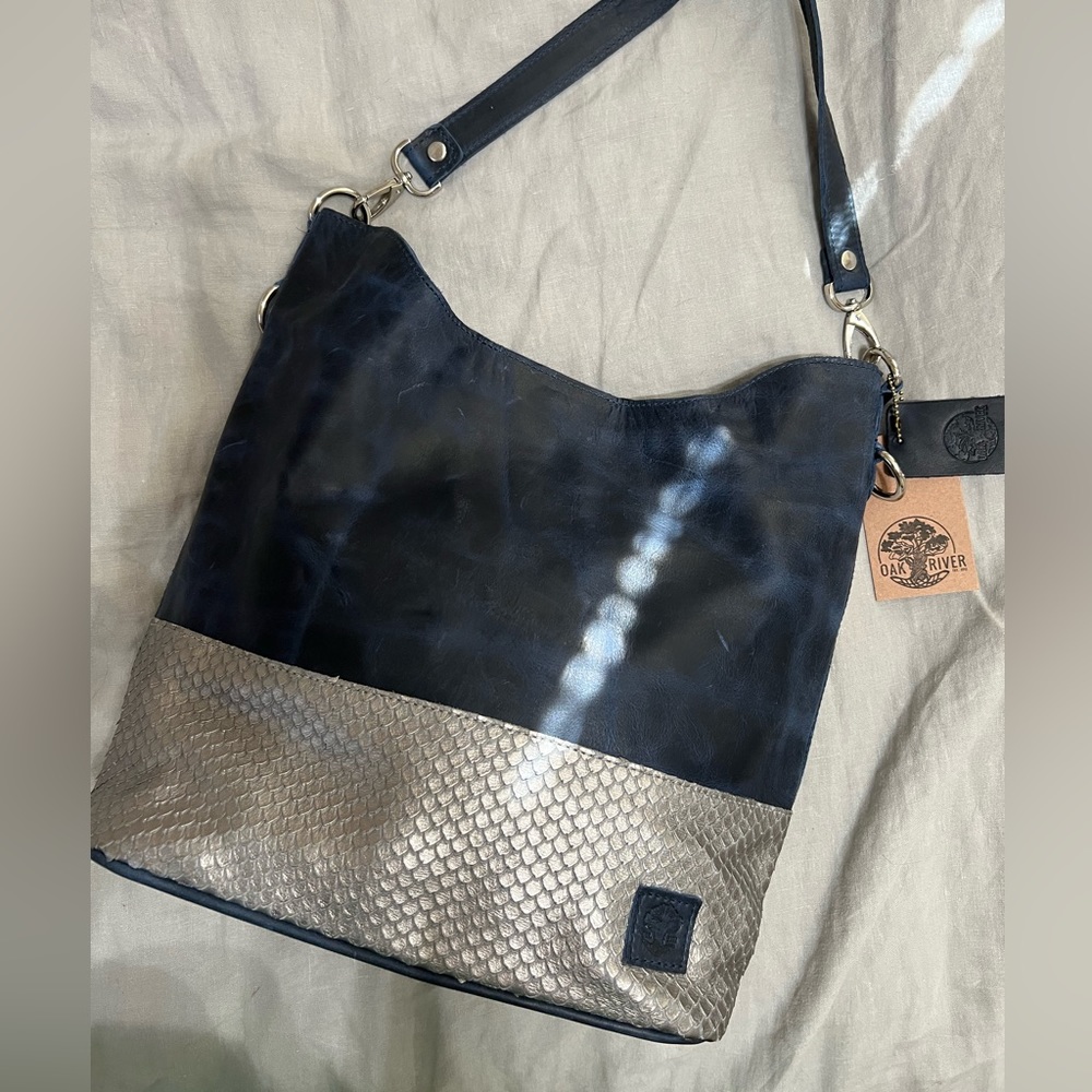 Navy and Metallic Leather Oak River Bucket Bag